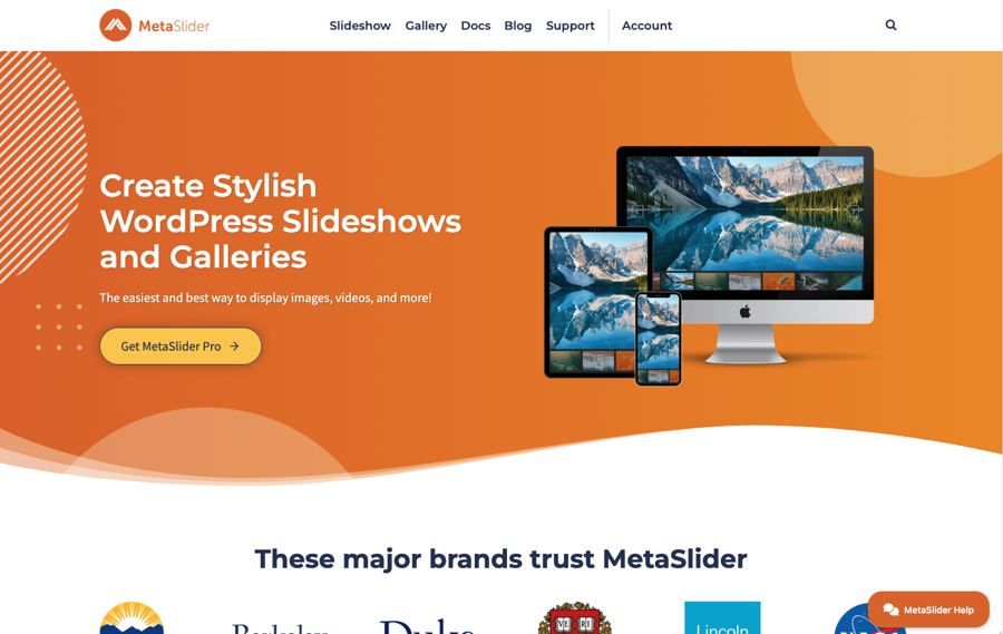 MetaSlider.com homepage redesign showing the hero section with headline 'Create Stylish WordPress Slideshows and Galleries'