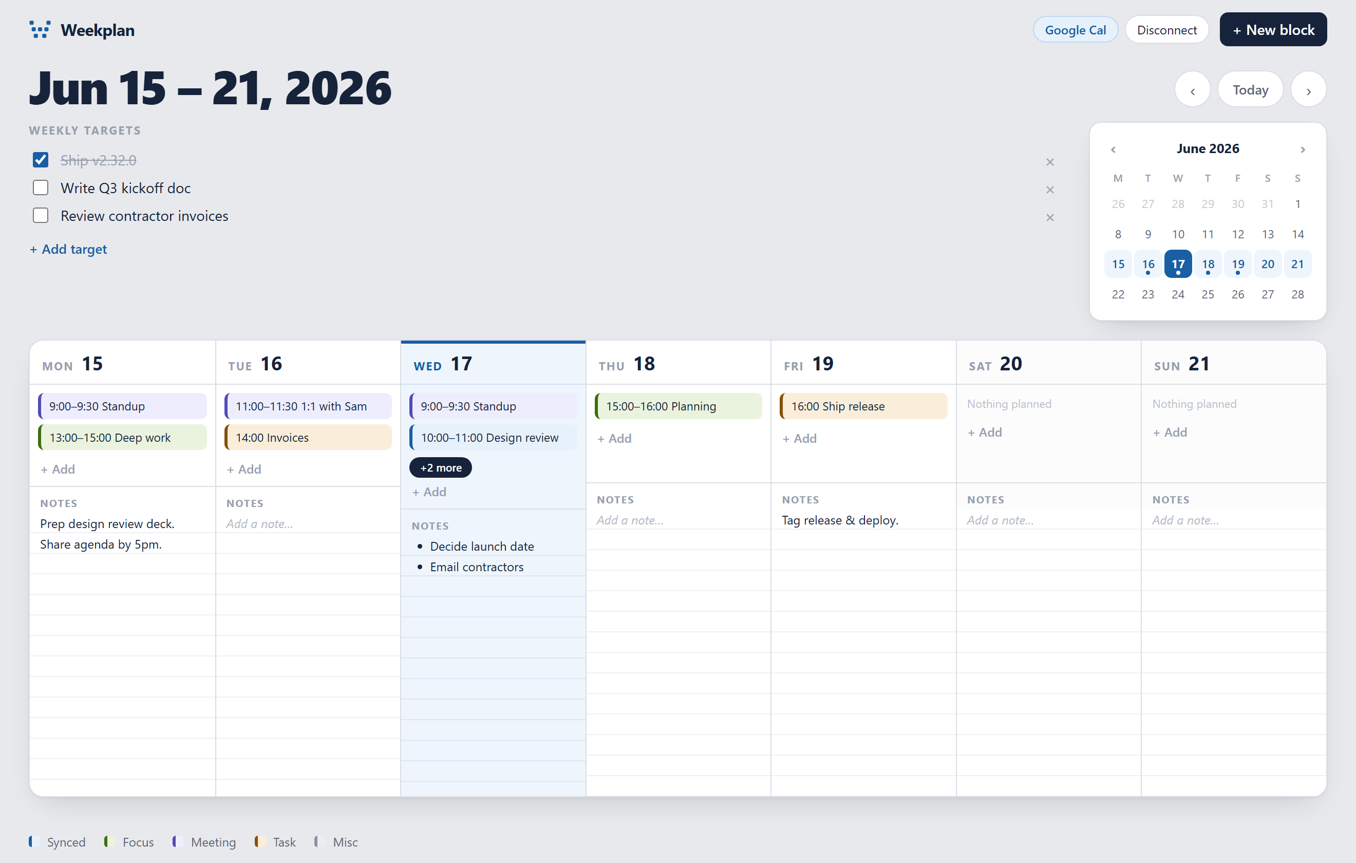 Weekplan weekly planner app showing a calendar week view